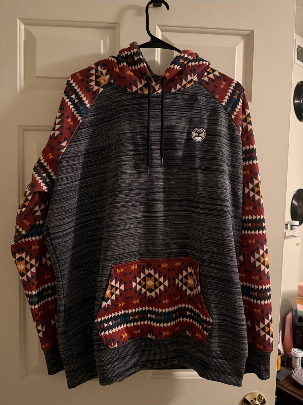 Hooey Gray Hooded Pullover with Red Aztec Accents